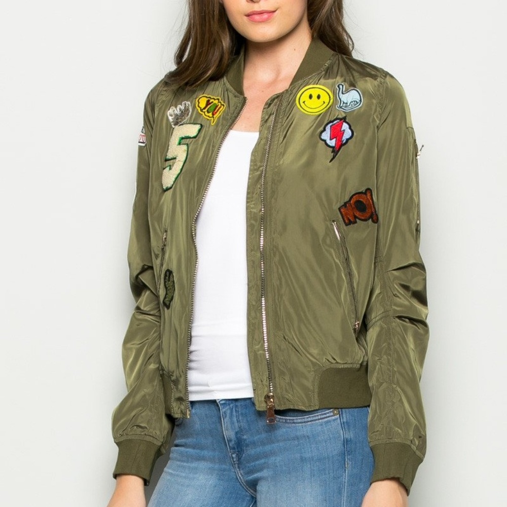 Olive Green #5 big logo patch bomber jacket Coat‎ - Picture 4 of 8